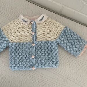 Handmade Size 3-6M Crochet Baby Cardigan Sweater Cream/Light Blue/Light Pink
